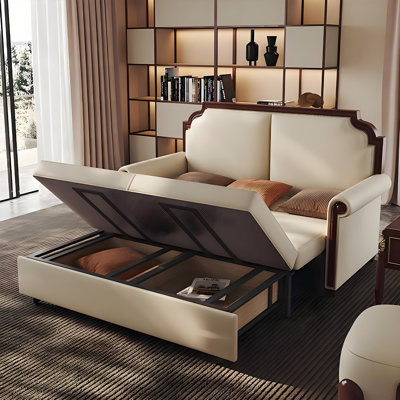 82.68"Modern Light Luxury Multi-Functional Extendable Convertible Sofa Bed, Solid Wood Frame with Top Grain Leather on Contact Surfaces
