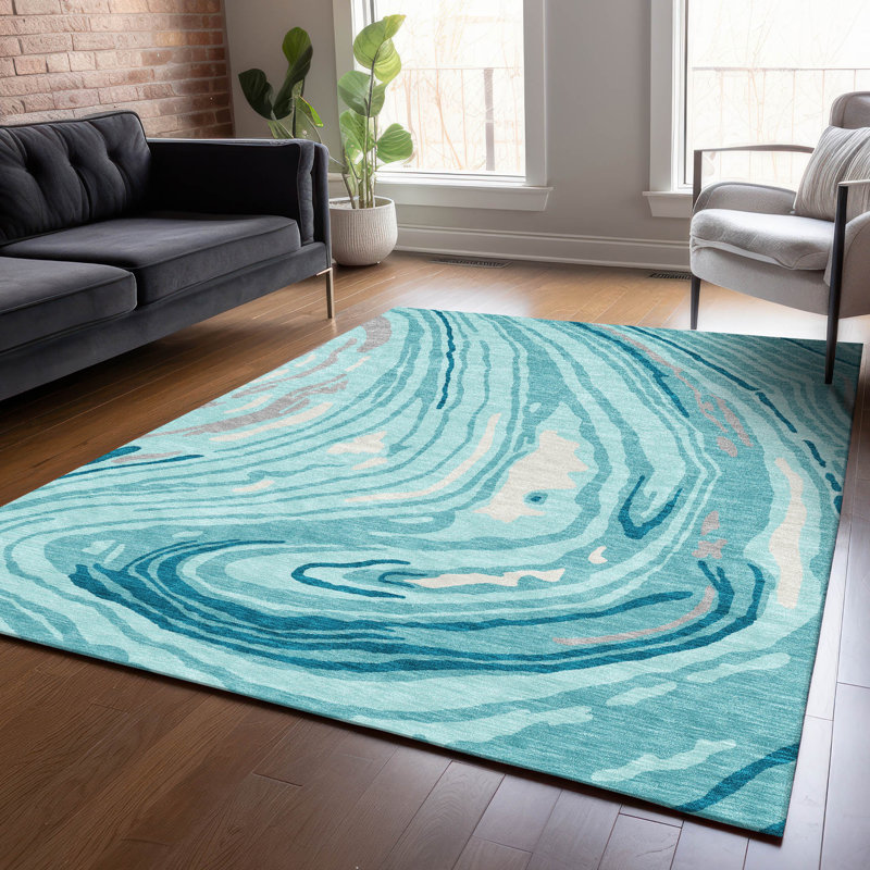 Tapis bleu sarcelle lavable intérieur / extérieur Avelia , 10 pi x 14 pi