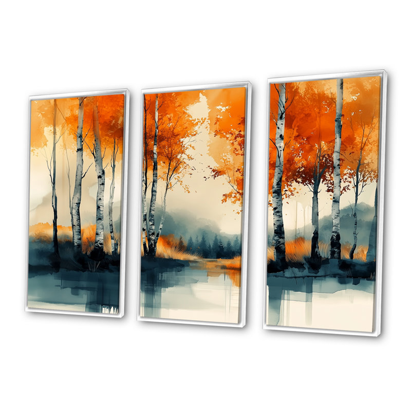 «Autumn Tree In Forest Panorama I», ensemble d'art mural forêt, Toile encadrée flottée blanche, H 32 po x l 48 po x P 1 po