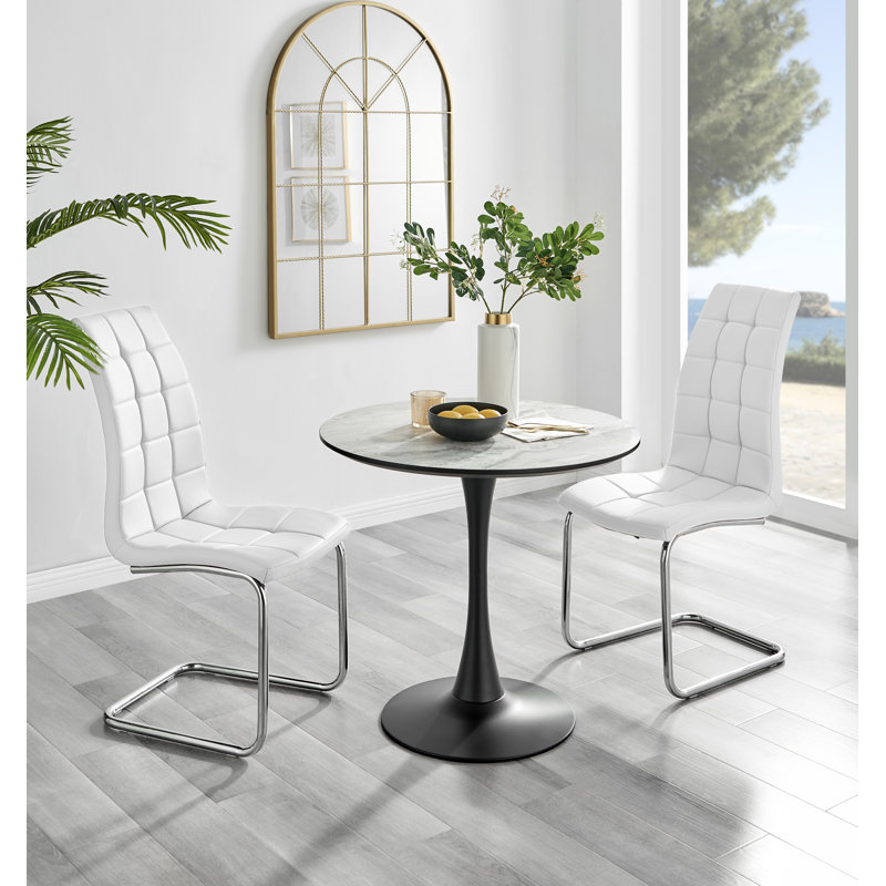 Elina White Marble Effect Melamine Round 80cm Dining Table and 2 Faux Leather Dining Chairs, White/Silver