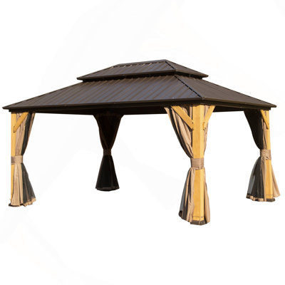 Pavillon de jardin en bois de cèdre 10X14 pi, pavillon en bois massif avec toit double en acier galvanisé, filet et rideaux, pavillon de jardin extérieur