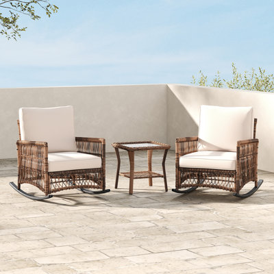 3 Pieces Outdoor Rattan Rocking Seating Group With Cushions