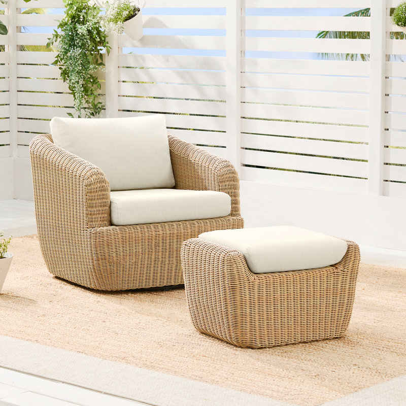 Rattan Patio Chairs with Ottoman, Natural, White