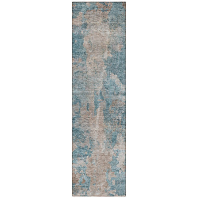 8' Runner Teal and Taupe Abstract Washable Non Skid Indoor Outdoor Runner Rug