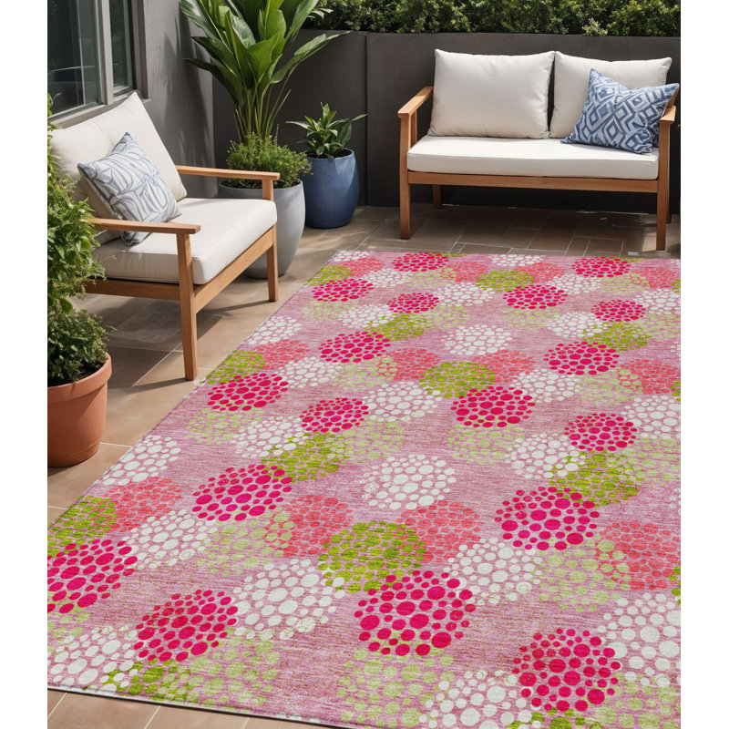 Tapis intérieur lavable à pois rose vert et ivoire 5 pi x 8 pi