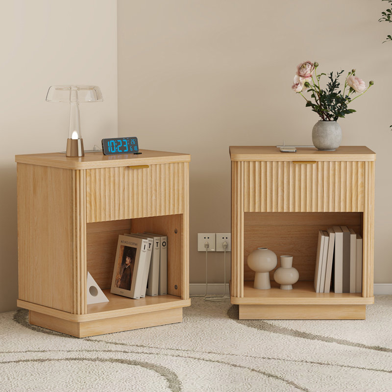 Rhythm Nightstand with Charging Station, Fluted Wood Bed Side Table with 1 Drawer Storage, 15"D x 19.7"W x 23.6"H, Natural