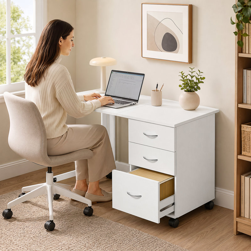 Bureau d'ordinateur pliable avec 3 tiroirs, roulettes, aspect bois blanc