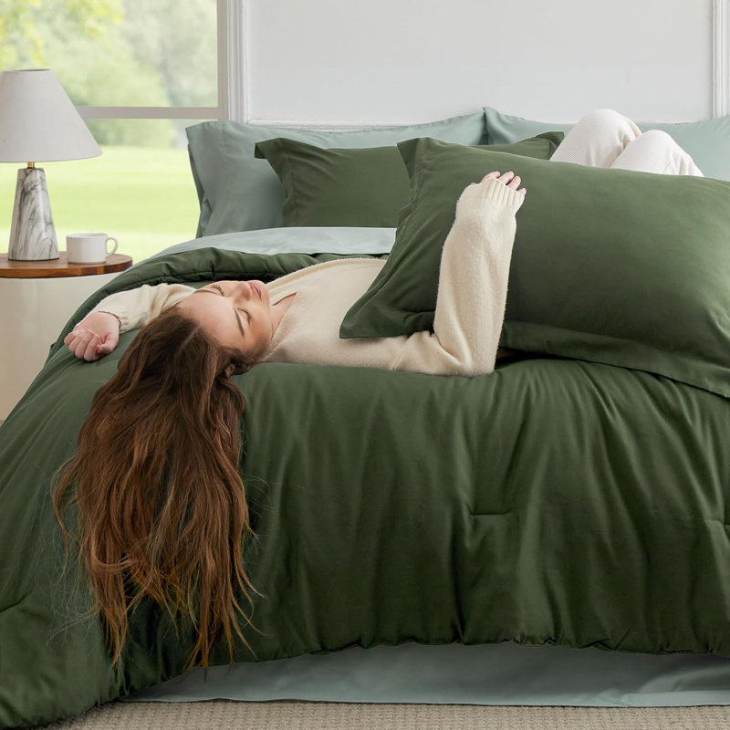 Queen Comforter Set - 7 Pieces, Olive Green, Queen Comforter + 6 Additional Pieces