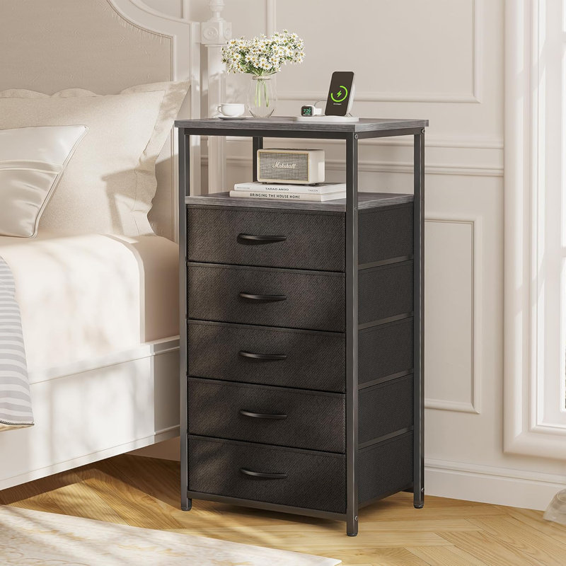 Kadlec 5-Drawer Fabric Dresser With Charging Station & Open Shelf For Bedroom, Entryway Storage