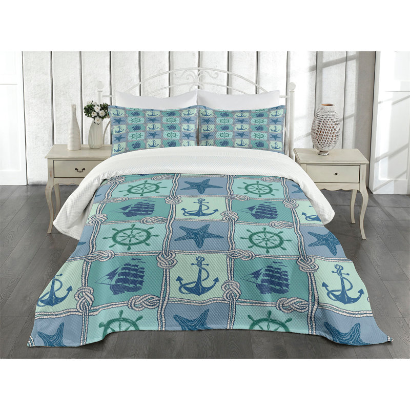 Ambesonne Anchor Bedspread Ships Wheel, King Bedspread + 2 Standard Shams