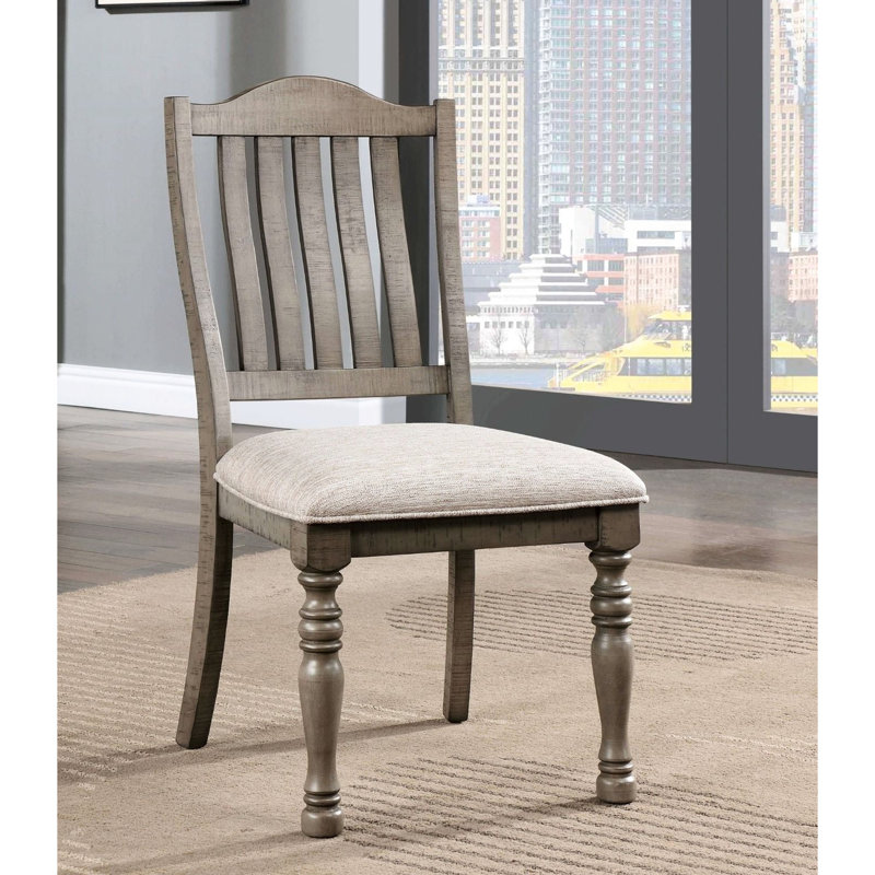 Chaises de salle à manger 2 pièces, bois massif gris antique avec siège en tissu et pieds tournés, chaises de style transitionnel moderne de style Mid-Century, style contemporain