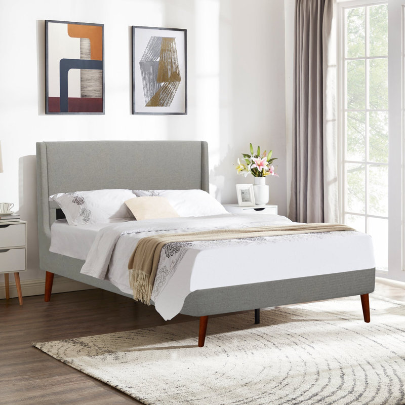 Glendel Upholstered Bed Frame With Dark Espresso Stain Legs, Easy Assemble, Curved Design, Simply Stunning, Full/Double