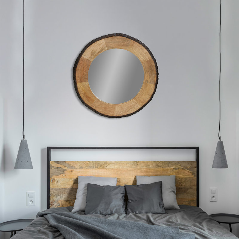 30.5" Round Brown Mango Wood and Glass Wall Mirror