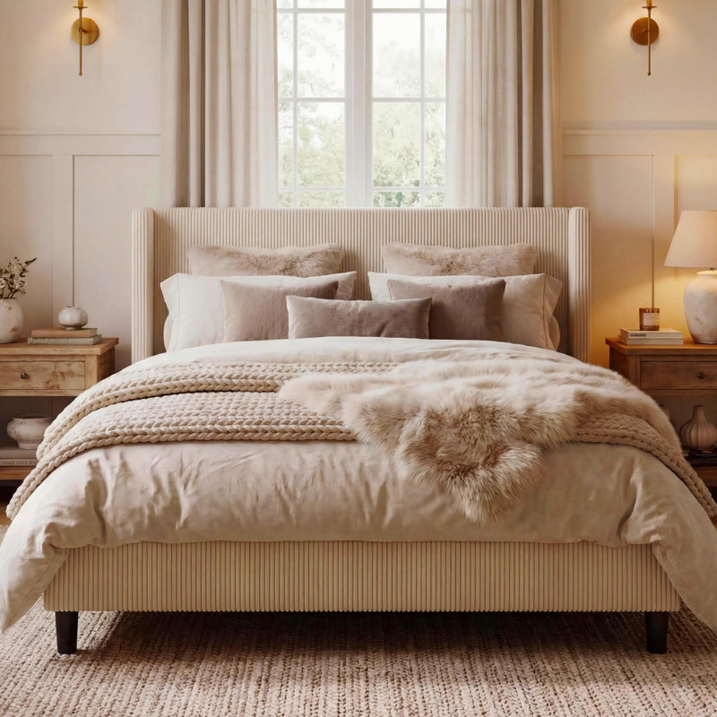 Grand lit avec tiroirs de rangement, structure de lit plateforme en velours côtelé avec dossier à oreilles, tête de lit et pied de lit capitonnés, aucun sommier nécessaire, beige