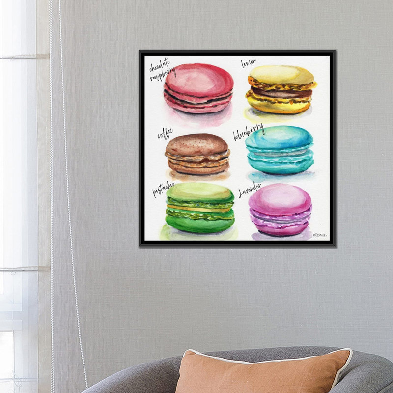 « six macaron parfums » par jennifer redstreake, impression sur toile tendue, H 26 po x l 26 po x P 1,5 po, Pas de tapis