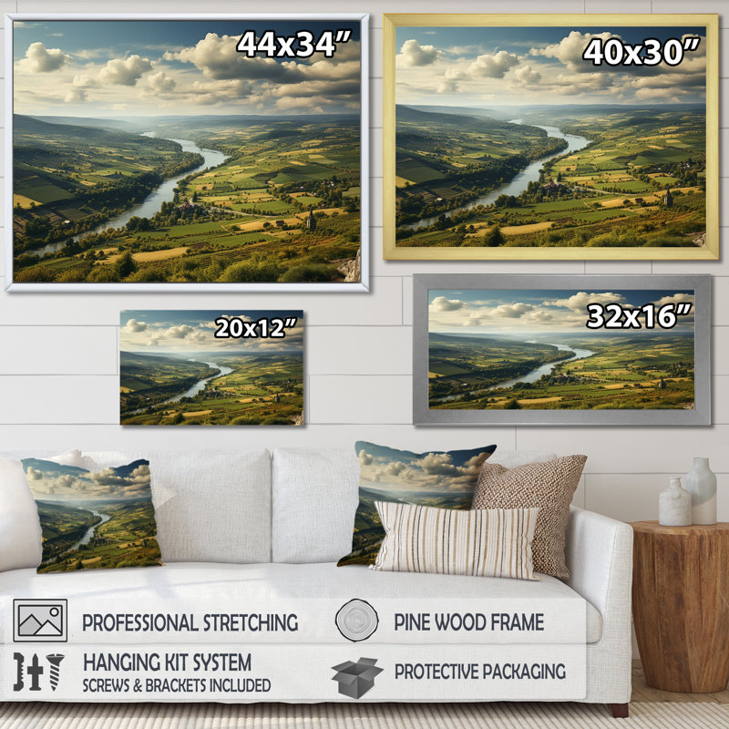 Allemagne, campagne, rivière, art mural sur toile, H 16 po x l 32 po x P 1 po, Cadre flottant doré