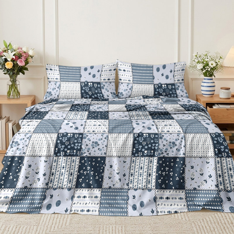 King Sheet Set,Patchwork Floral Print Bed Sheet,Soft Microfiber Bedding Sets with Deep Pocket Fitted Sheet, Flat Sheet & Pillowcases