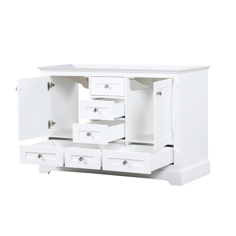 48 po L x P 22 po, meuble-lavabo double blanc avec tiroirs et armoires à fermeture en douceur pour une utilisation silencieuse, deux espaces de rangement intérieurs, six tiroirs, une tablette ouverte, entièrement en bois massif E0 contreplaqué