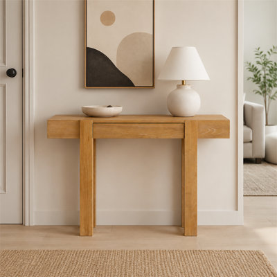 Minimalist rustic solid wood entryway console table with a natural wood finish, featuring a built-in hidden drawer and power outlet—a versatile table suitable for the living room, home, or office.