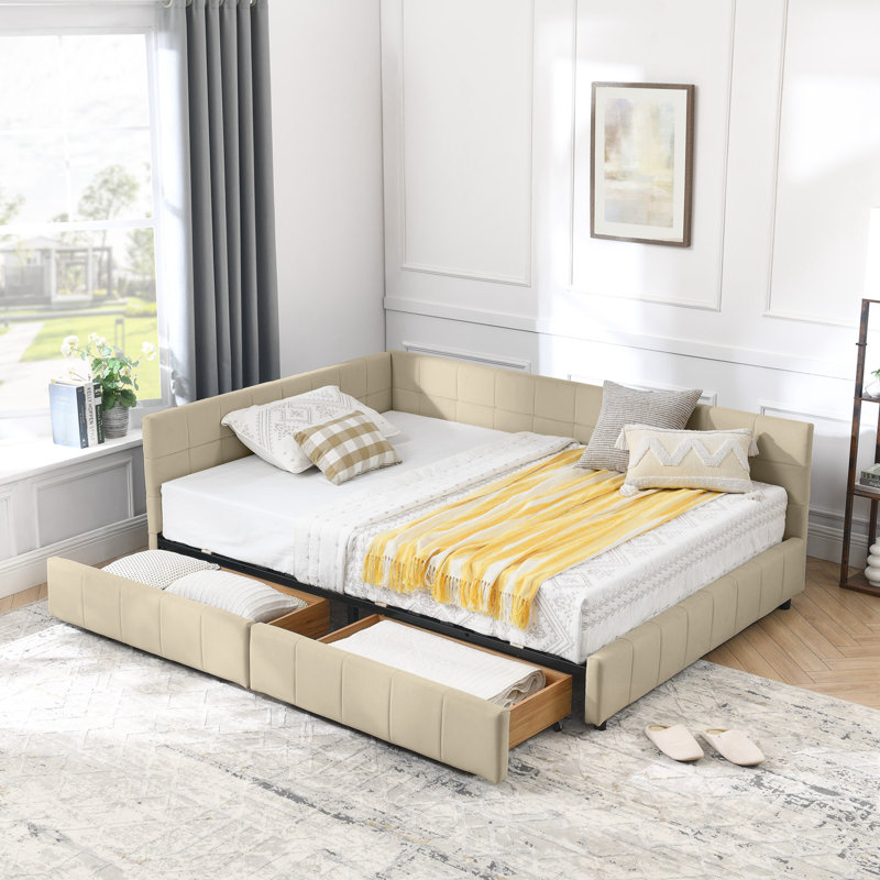 Lit de jour double avec deux tiroirs, Beige, Complet/Double