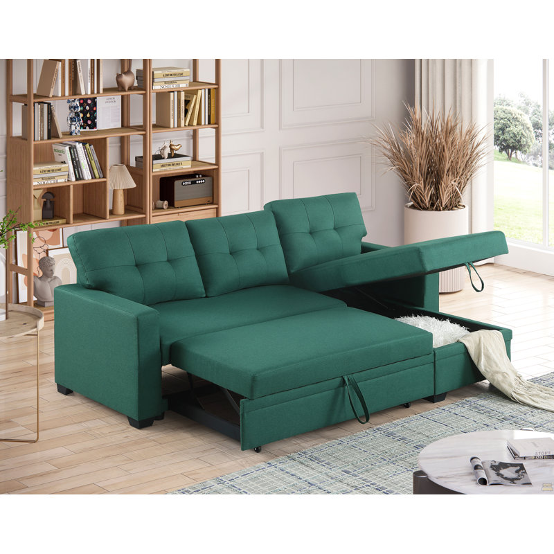 Canapé modulaire convertible rembourré avec méridienne coulissante, Lin vert, Face à la gauche
