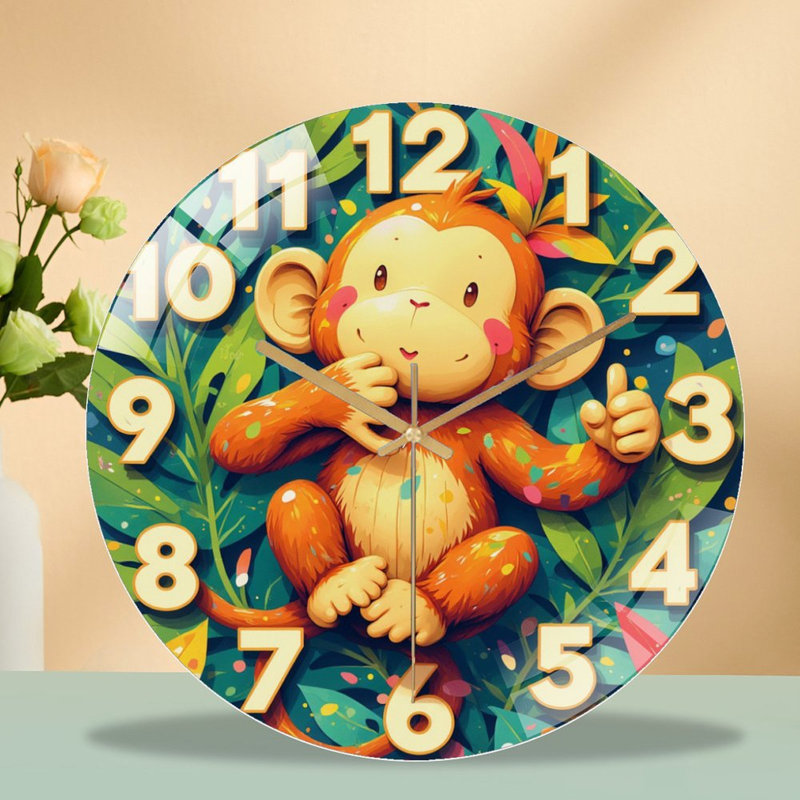 Cute Monkey Themed Wall Clock for Kids' Room Decor Art - 12'' Modern Glass Wall Clock
