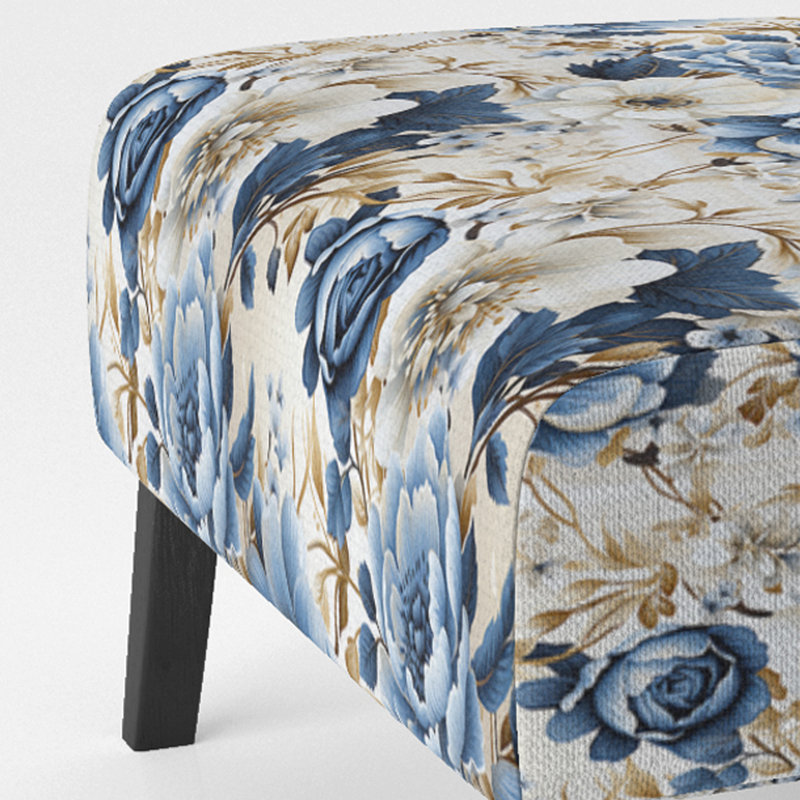 Blue And White Exotic Floral Canvas - Upholstered Farmhouse Slipper Chair, Blue Accent Chair