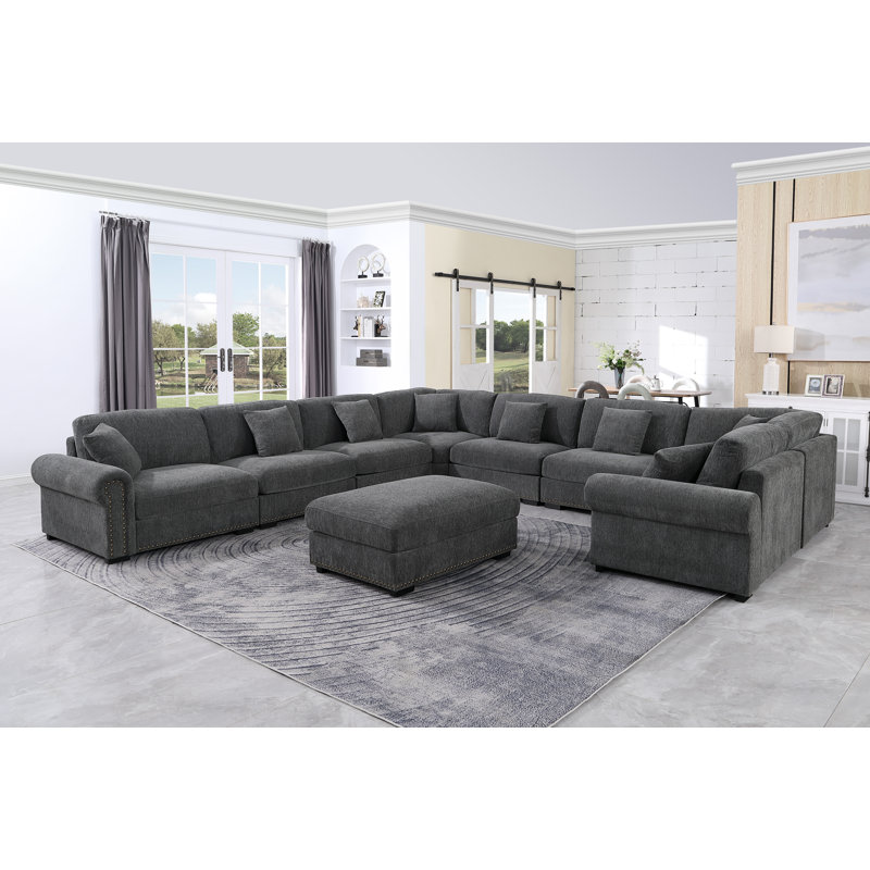 Modular Large 9 Seats Roller Arms Nailheads Cloud Couch Chenille Corner Sectional Sofa With Ottoman,  Dark Gray Chenille