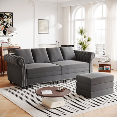Canapé-lit Chesterfield de 90 po en velours avec très grand lit, canapé-lit convertible avec 4 coussins, gris