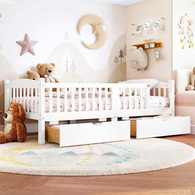 Lit plateforme simple avec garde-corps pleine longueur, lit plateforme pour enfants avec tiroirs de rangement