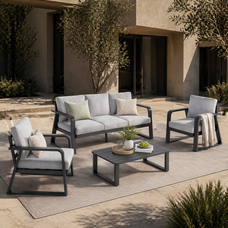 Ensemble de mobilier d'extérieur en aluminium pour 5 personnes avec canapé, chaises, table basse et coussins