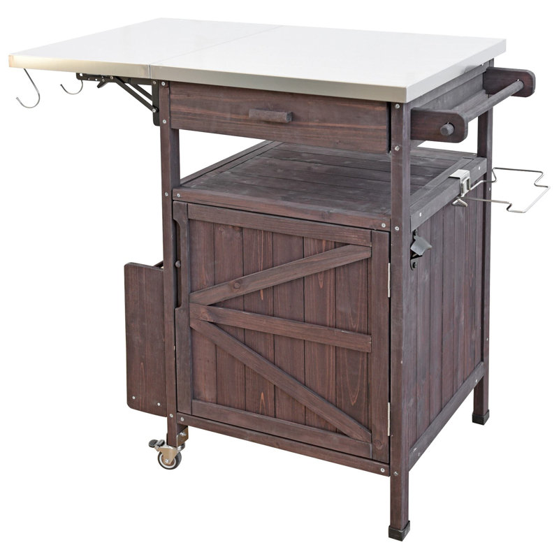 Îlot de cuisine 40,5 po avec plateau en acier inoxydable, Brun