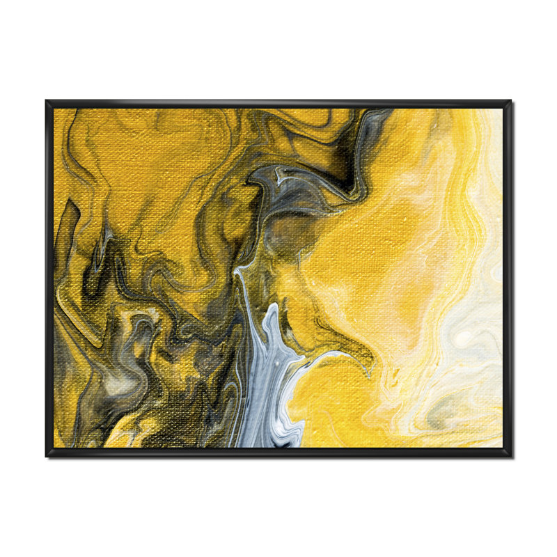 Noir noir, blanc et marbre jaune abstrait I - peinture sur toile, Cadre flottant noir, H 16 po x l 32 po