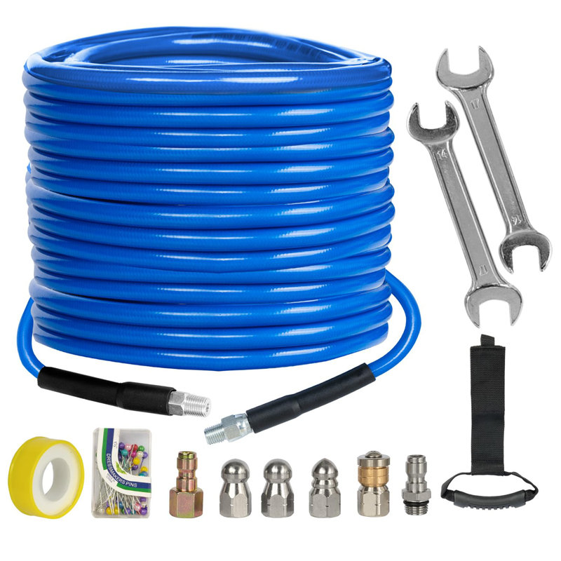 Sewer Jetter Kit For Pressure Washer 100ft, 4000 Psi Drain Cleaner Hose 1/4 Inch Npt, Corner Rotating And Button Hose Sewer Jetting Nozzle Pearl Corsage Pin Tape Handle Strap Spanner