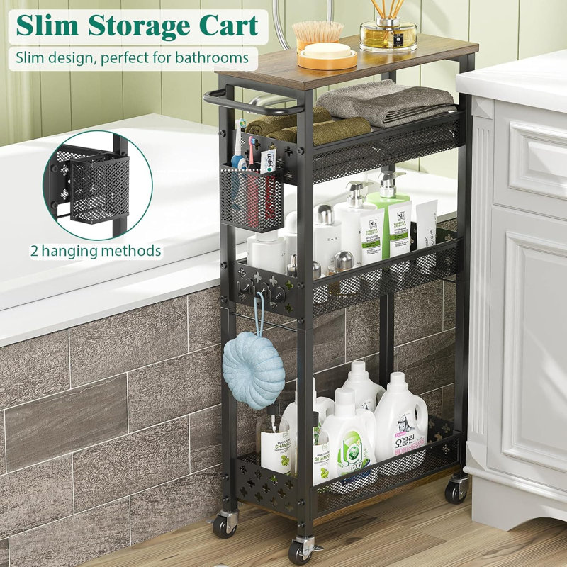 Slim 4-tier Rolling Storage Cart With Wheels, Narrow Metal Organizer With Wood Rack And Handle For Laundry, Kitchen, Bathroom In Small Spaces