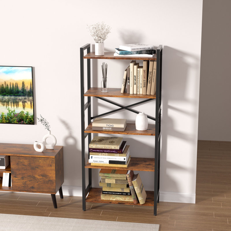 5-Tier Industrial Bookcase, Wood And Metal Horizontal Bookshelves For Home Living Room Bedroom And Kitchen, Rustic Brown