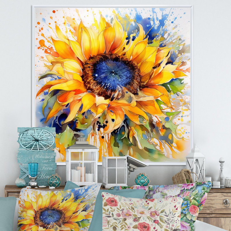 Jaune, bleu, doré, tournesols joyeux - art mural floral, H 16 po x l 16 po, Reproduction avec cadre flottant, Blanc