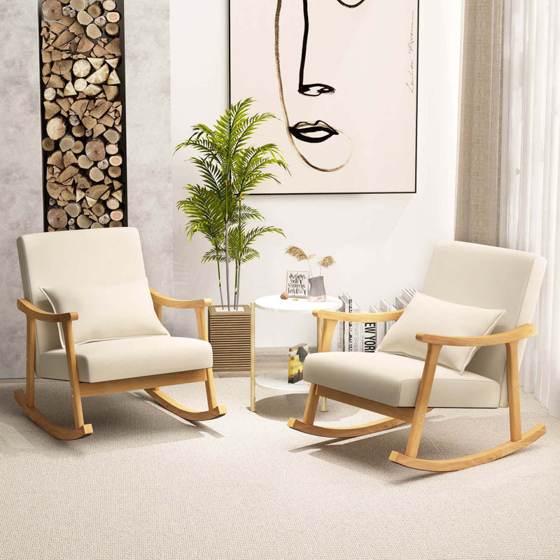  2 Pcs Upholstered Rocking Chair With Pillow Rocking Armchair With Rubber Wood Frame Beige