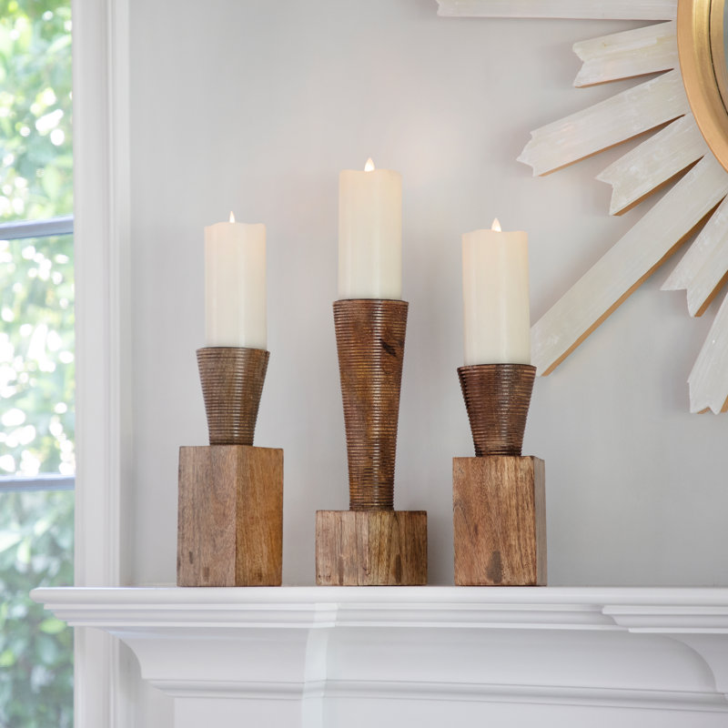 Modern Tabletop Wood Pillar Candlestick, 10" H x 4" W x 4" D