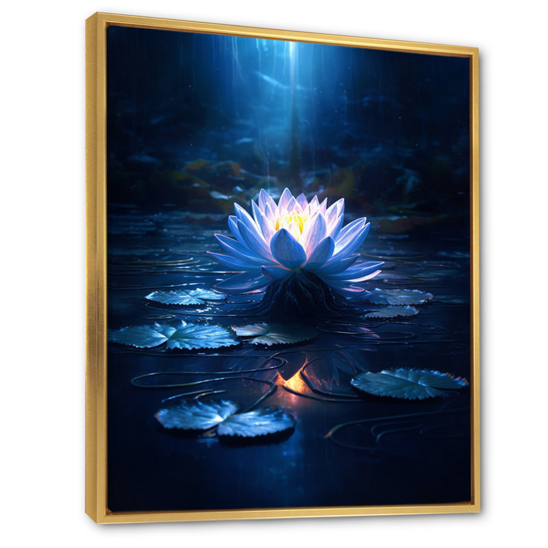 «Blossoming White Lotus In Blue Moon Pond I», reproduction sur toile, H 40 po x l 30 po, Cadre flottant doré