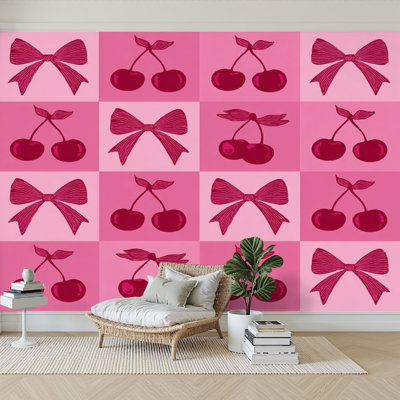 Peel and Stick Wallpaper 96" W x 69" H Modern Self Adhesive Wall Mural for Bedroom Seamless checkered pink cherries bows graphics