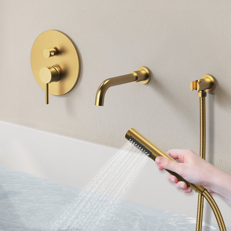 Tub Faucet with Rough-in Valve,Wall Mounted Tub Spout with Handheld Shower, Brushed Gold