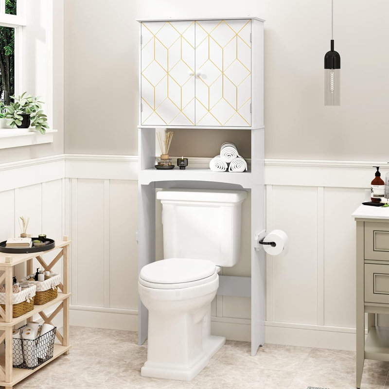 Over The Toilet Storage Cabinet With Gold Trim, Modern Bathroom Organizer Over Toilet With Adjustable Shelves And Toilet Paper Holder For Bathroom (Black)
