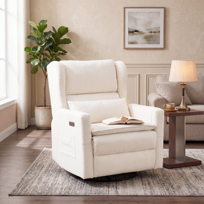 Oversized Swivel Rocker Recliner Chair, 26" Extra Wide Glider Nursery Chair with Adjustable Headrest, Chenille Power Recliner Rocking with Double Cushion, Cup Holder，White