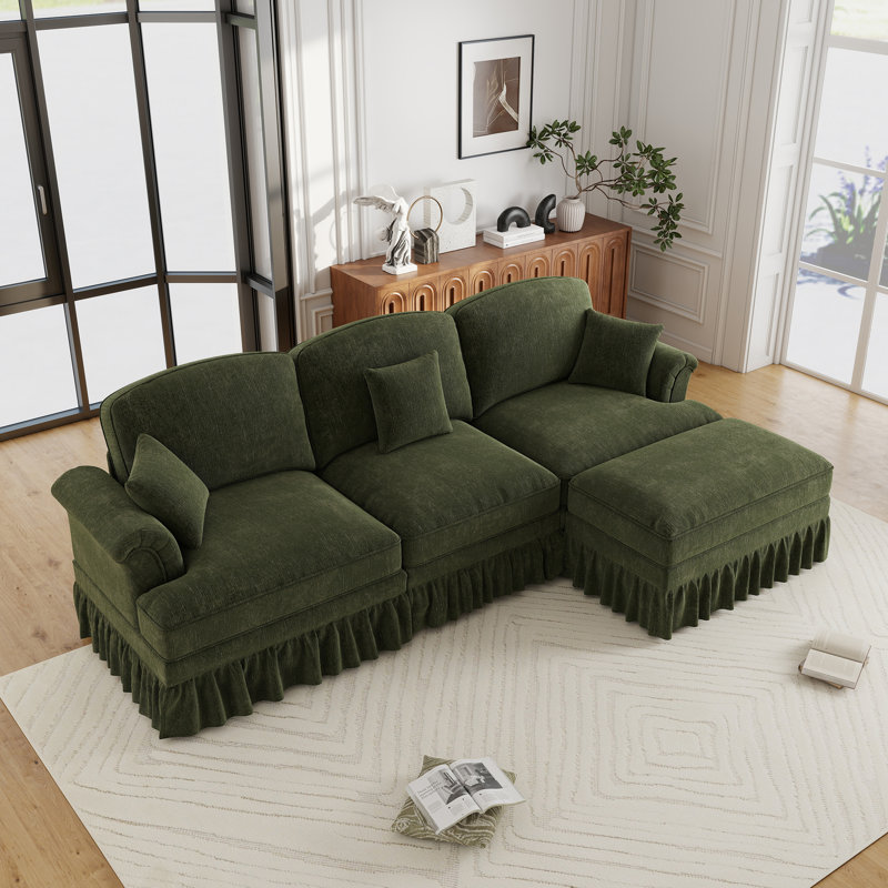 Green Chenille Skirted L-Shaped Sectional Sofa With Ottoman, Green Chenille