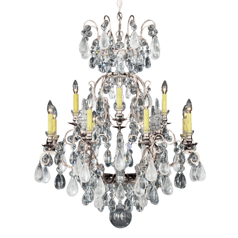 Renaissance 12 - Light Glass Chandelier, Clear Rock Crystal, Antique Silver