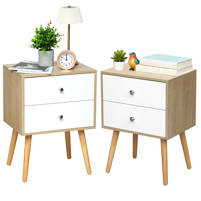 Nightstands Set Of 2, Modern Wooden 2-tier Night Stand With Drawers, Tan Bedside Tables End Table For Bedroom Living Room Closet (2 Drawers)