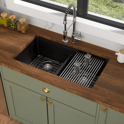 Quartz Kitchen Sink 33"L x 19"W Undermount Granite Composite Workstation Double Bowl Kitchen Sink with Cutting Board,Bottom Grid,Roll-up Rack