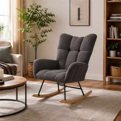 Grey Teddy Fabric Wingback Glider Rocker with Side Storage Pocket, Soft Comfort Nursing Rocking Chair, Sturdy Safe Solid Wood Base, Multipurpose Accen by George Oliver