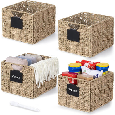 Seagrass Storage Baskets With Labels,  Wicker Storage Basket, Storage Baskets For Shelves, Pantry Baskets Organization,Kitchen Bathroom Shelves Storage Basket (4 Pack)